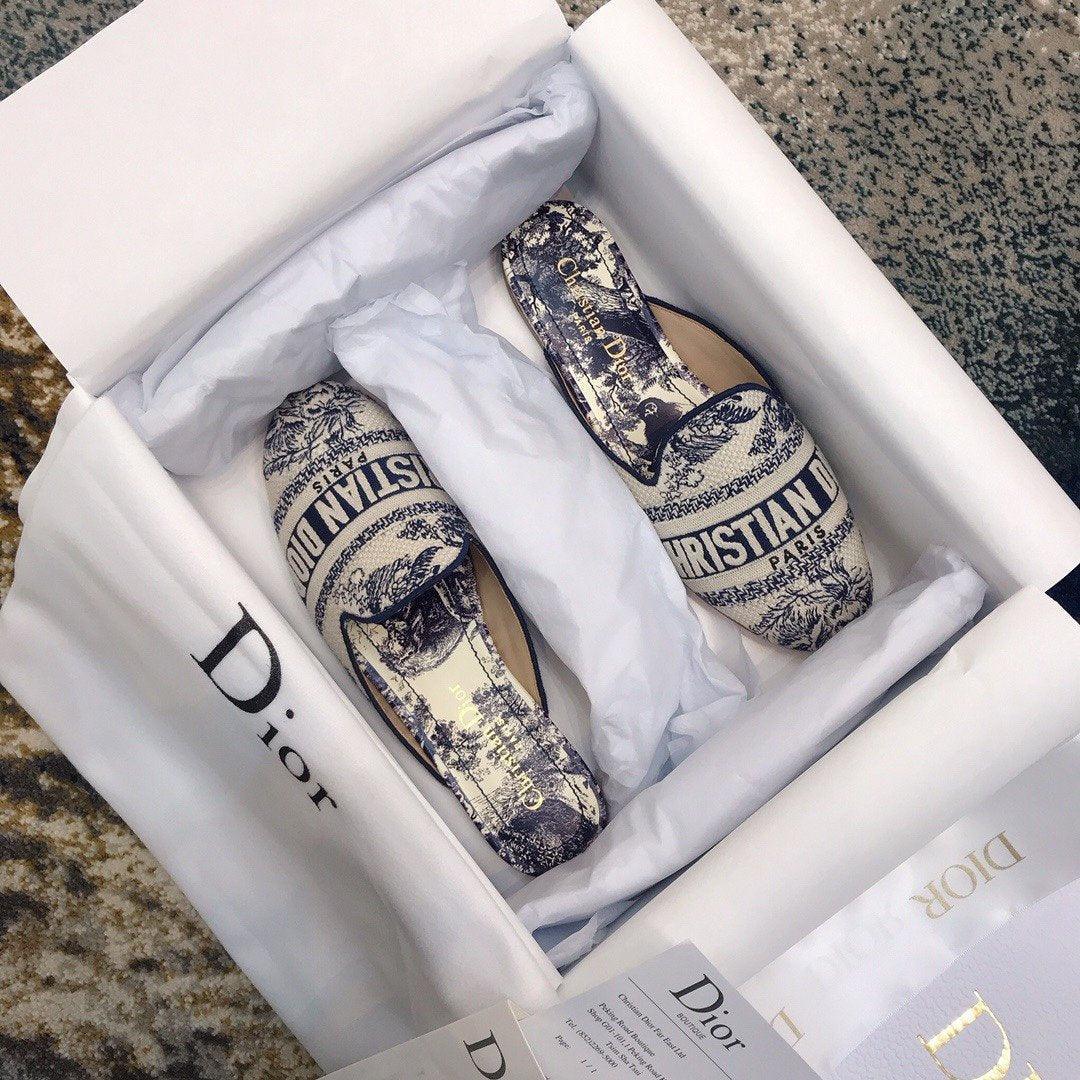 Dior｜MULES (KCQ166DLC 17X) Dway Slide Black and White Cotton Embroidered with Dior