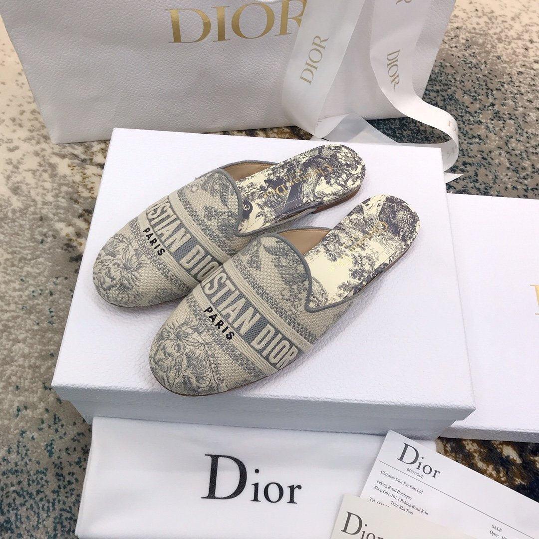 Dior Off Embroidered Cotton Flat Mules With Toile de Jouy Motif