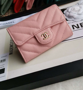 CHANEL Caviar Chevron Quilted Compact Flap Wallet Pink