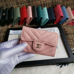 CHANEL Caviar Chevron Quilted Compact Flap Wallet Pink