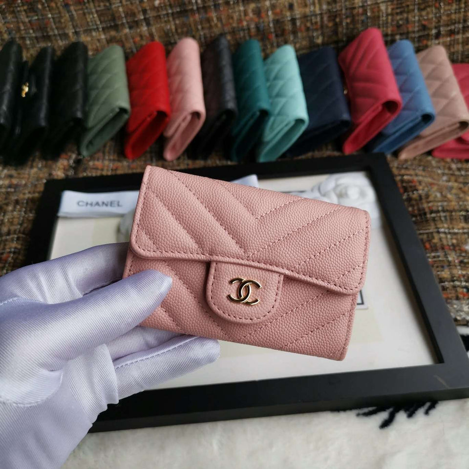 CHANEL Caviar Chevron Quilted Compact Flap Wallet Pink