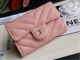 CHANEL Caviar Chevron Quilted Compact Flap Wallet Pink