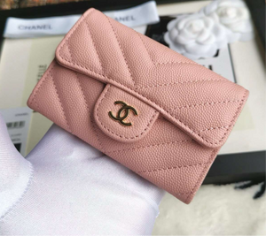 CHANEL Caviar Chevron Quilted Compact Flap Wallet Pink