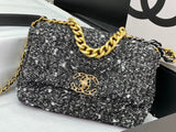 Chanel 19 small black and white orea tweed