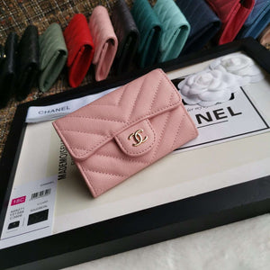 CHANEL Caviar Chevron Quilted Compact Flap Wallet Pink