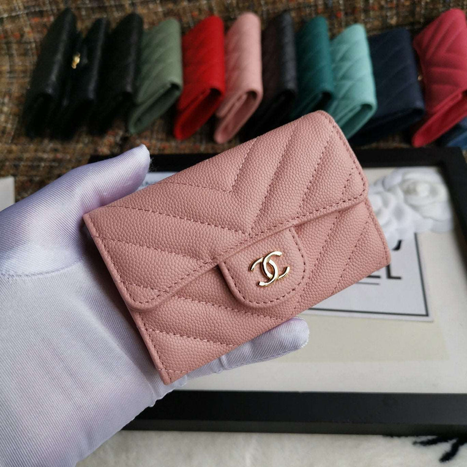 CHANEL Caviar Chevron Quilted Compact Flap Wallet Pink