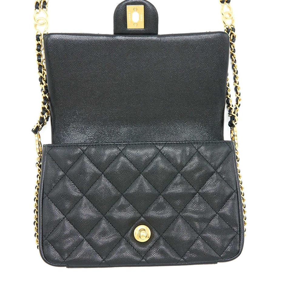 CHANEL 23C MINI FLAP BAG WITH CC LOGO CHAIN GRAINED CALFSKIN BLACK