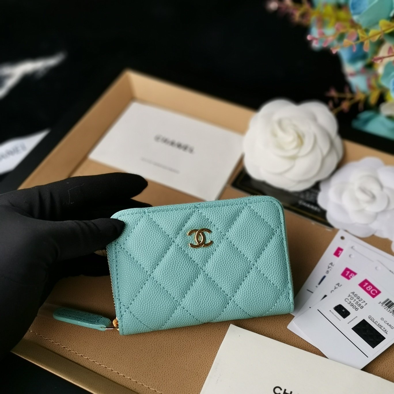 Chanel Quilted Zip Flap Card Holder Tiffany Blue Caviar Gold
