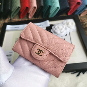 CHANEL Caviar Chevron Quilted Compact Flap Wallet Pink