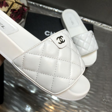Chanel White Quilted Leather CC Flat Slides