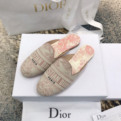 Dior Off Embroidered Cotton Flat Mules With Toile de Jouy Motif