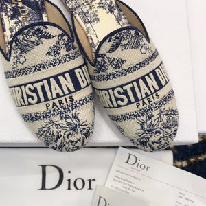Dior Off Embroidered Cotton Flat Mules With Toile de Jouy Motif