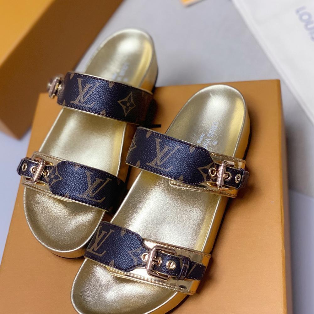 Louis Vuitton Bom Dia Mules Two Strap Sandals In Black And Brown