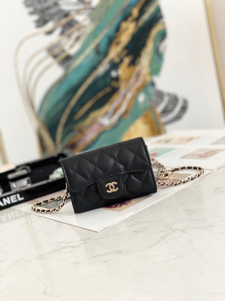 NWT 23A Chanel Classic Small Flap Wallet Black Caviar with Gold Hardware   Inox Wind